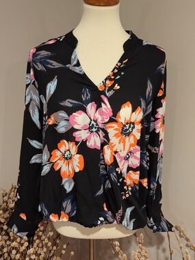 IMAN Black Blouse with Pink & Orange Floral Print